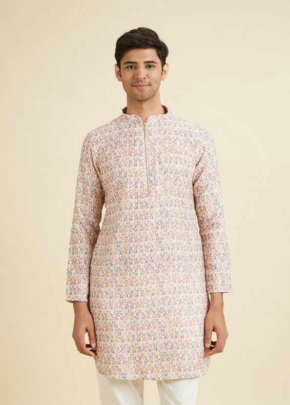 Manyavar Men Royal Cream Mid Length Kurta