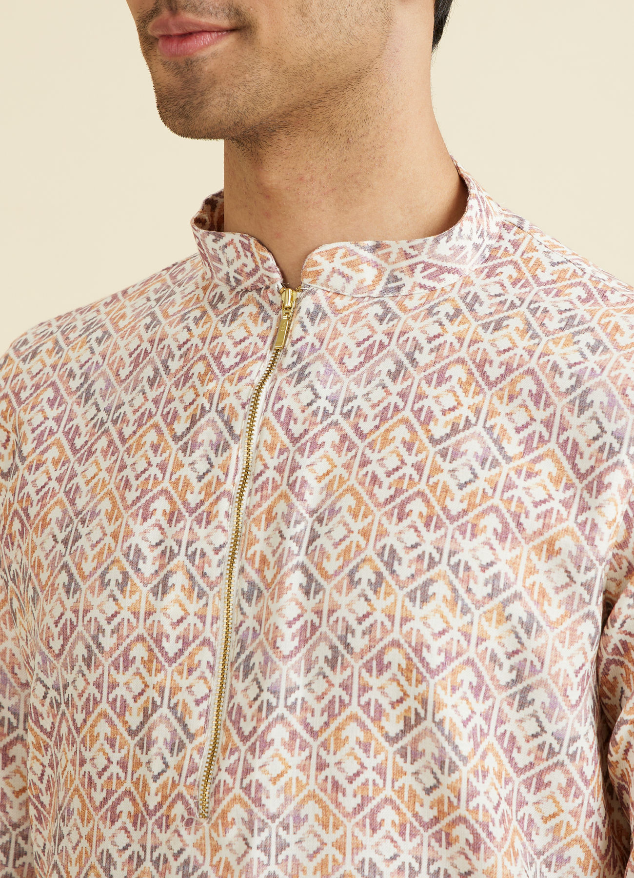 Manyavar Men Royal Cream Mid Length Kurta