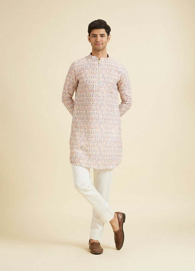 Manyavar Men Royal Cream Mid Length Kurta