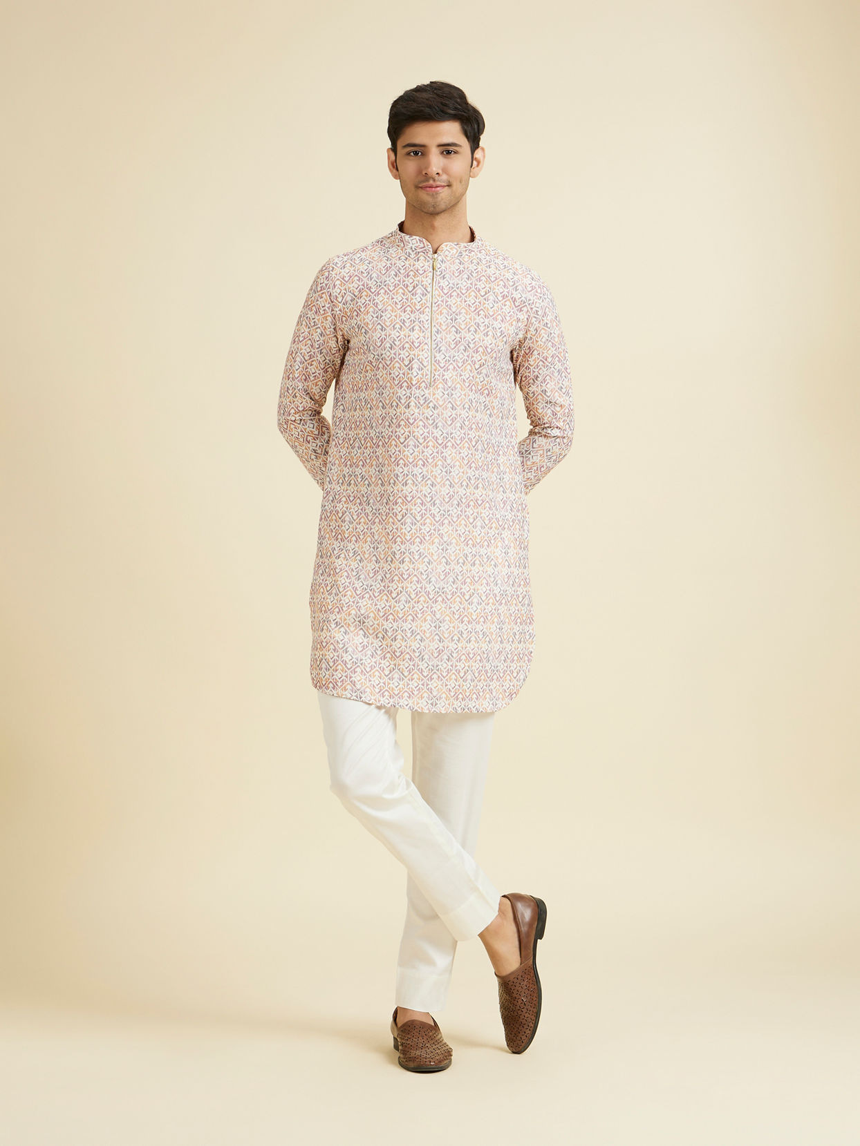 Manyavar Men Royal Cream Mid Length Kurta