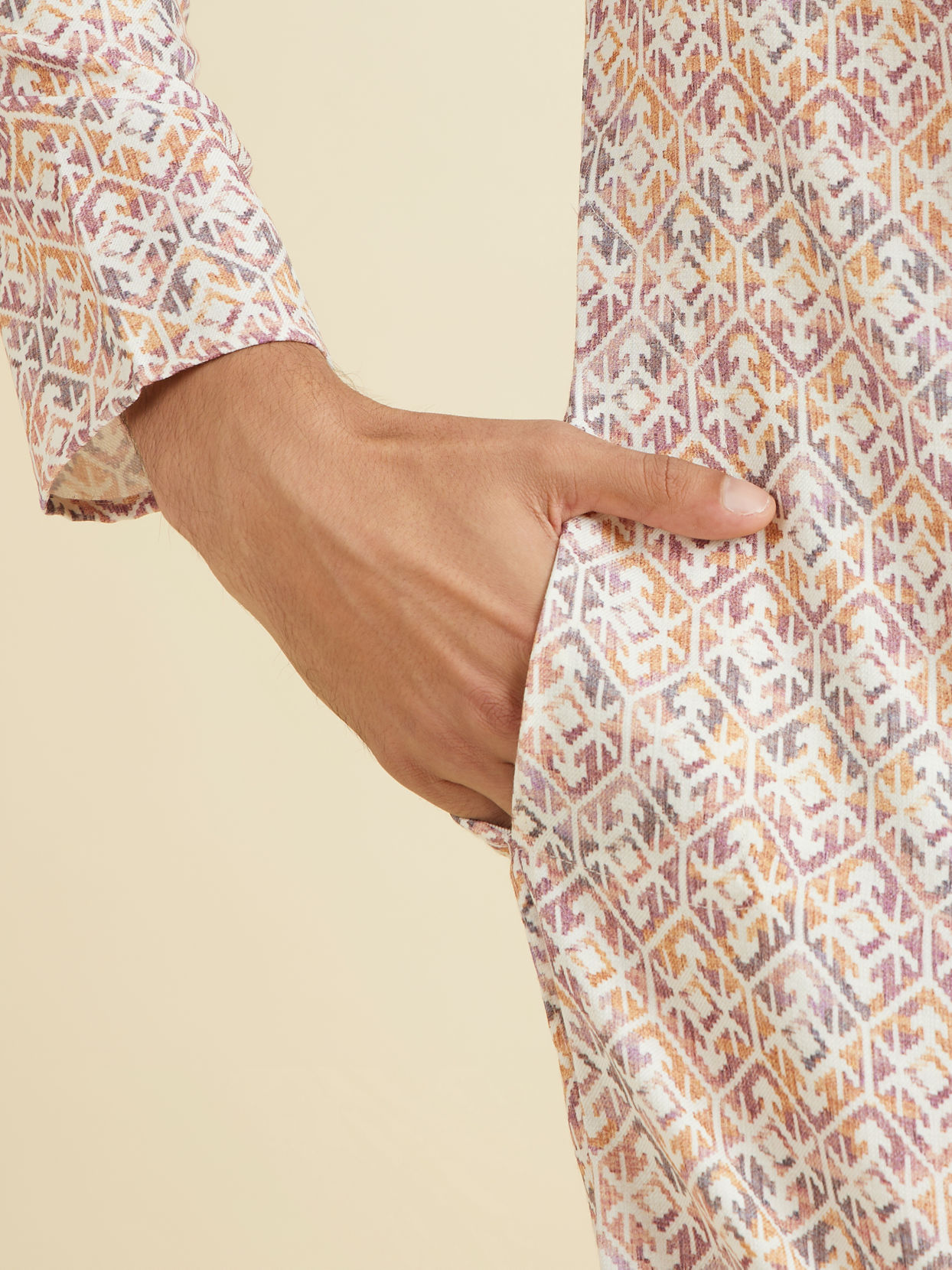 Manyavar Men Royal Cream Mid Length Kurta