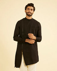 Manyavar Men Elegant Black Cotton Mid Length Kurta