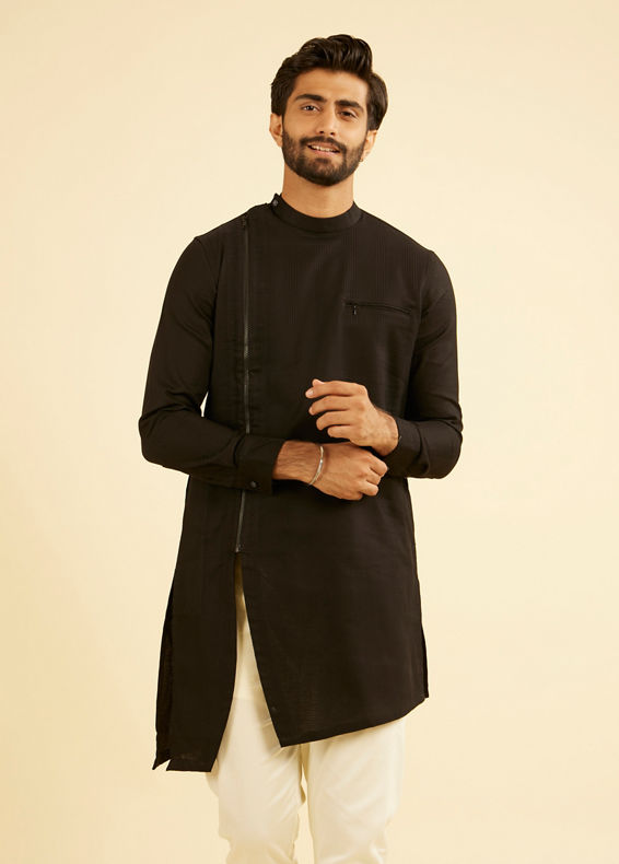 Manyavar Men Elegant Black Cotton Mid Length Kurta
