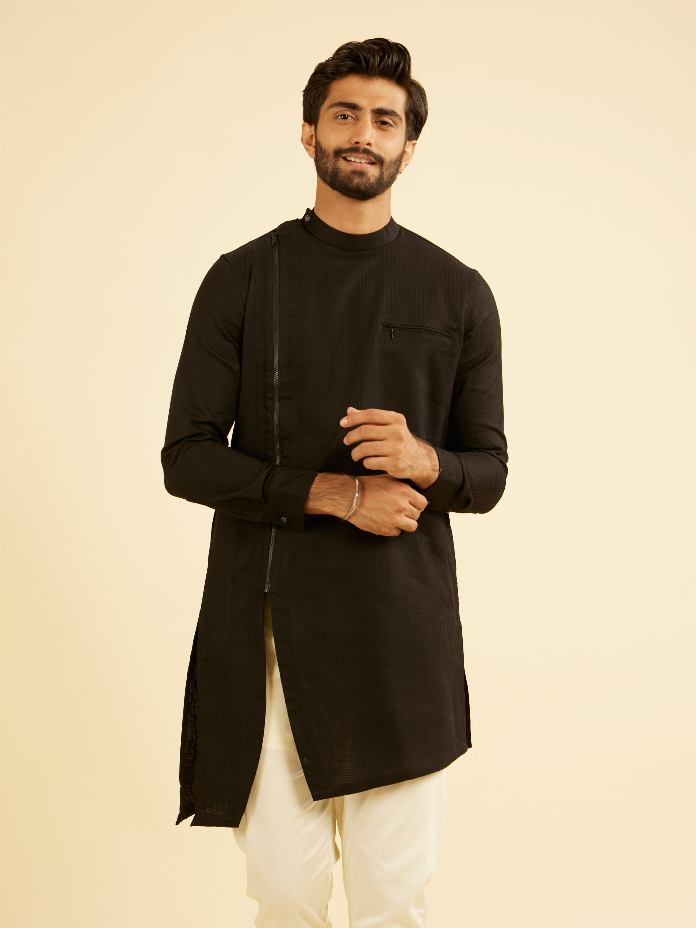 Manyavar Men Elegant Black Cotton Mid Length Kurta