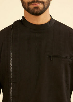 Manyavar Men Elegant Black Cotton Mid Length Kurta