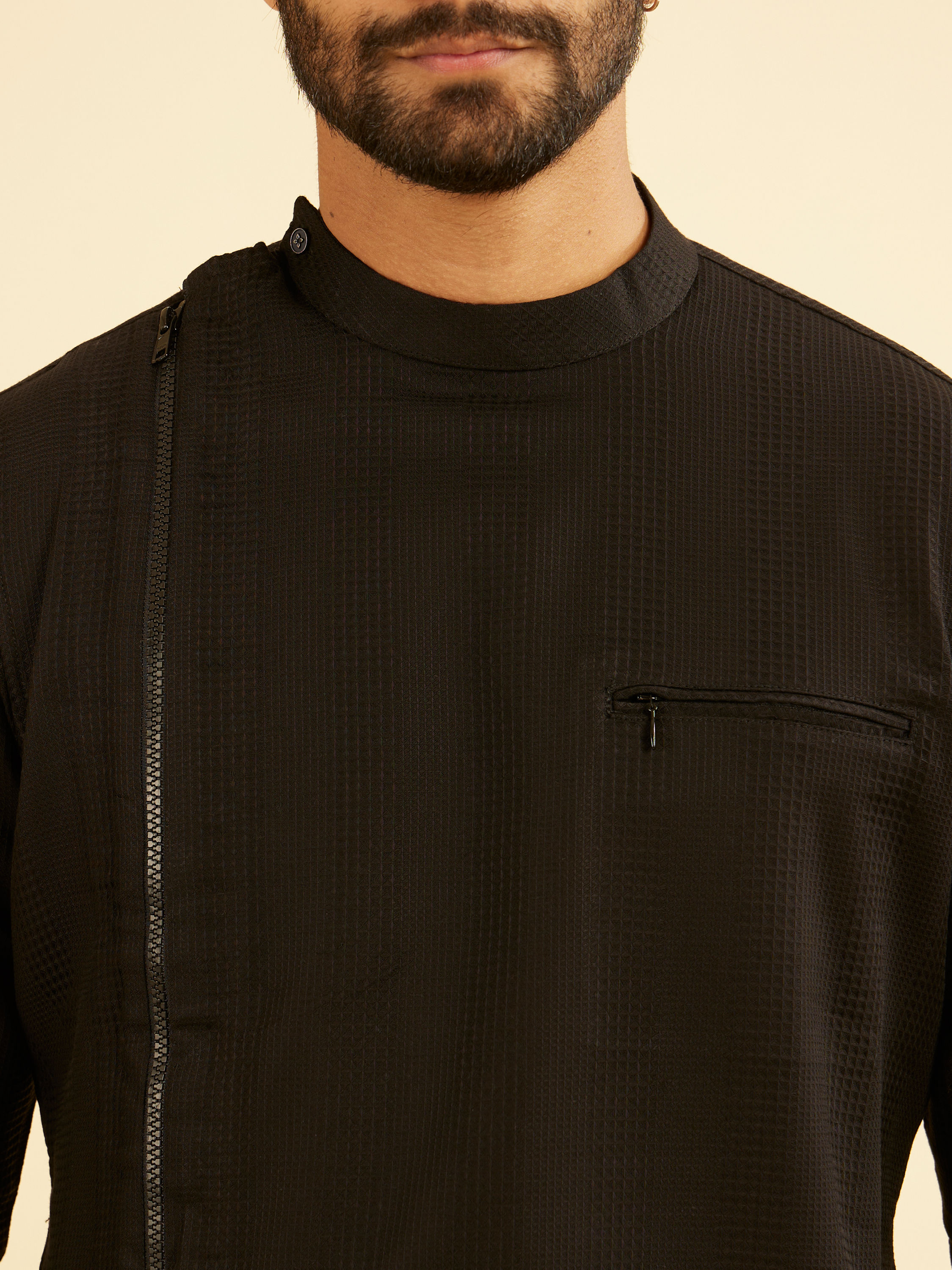 Manyavar Men Elegant Black Cotton Mid Length Kurta
