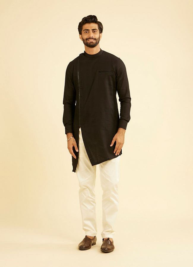 Manyavar Men Elegant Black Cotton Mid Length Kurta