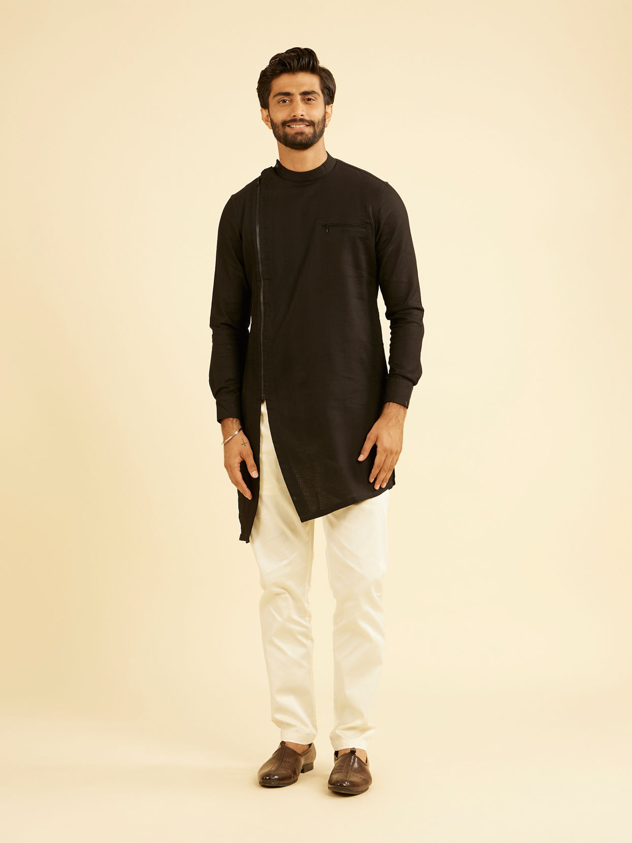 Manyavar Men Elegant Black Cotton Mid Length Kurta