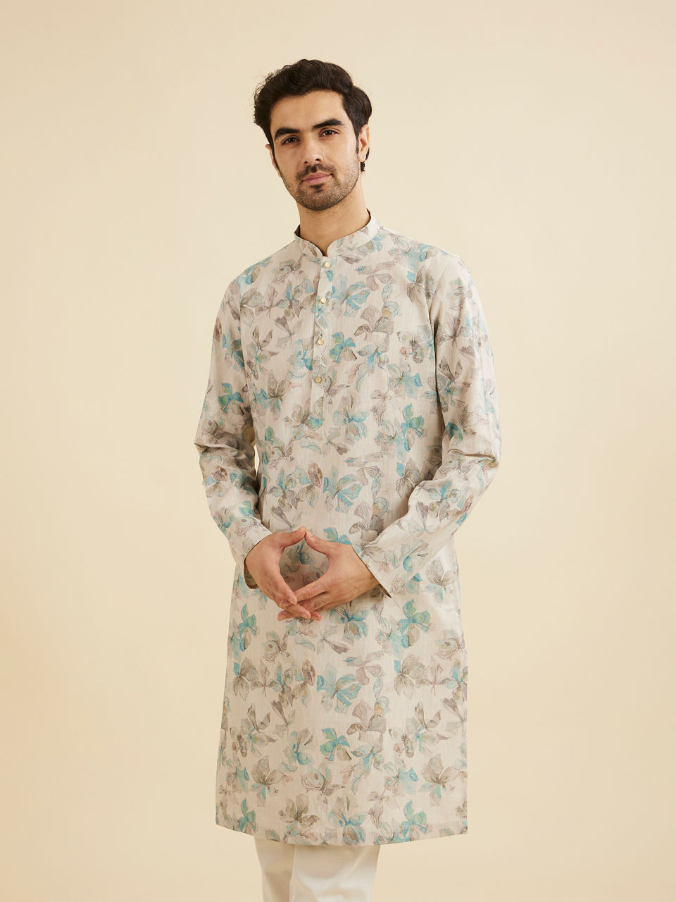 Manyavar Men Cream White Floral Printed Kurta