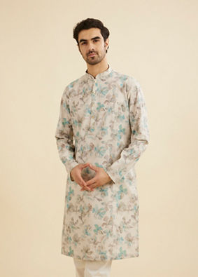 Manyavar Men Cream White Floral Printed Kurta