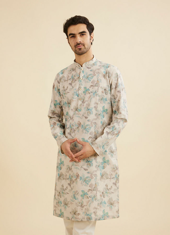 Manyavar Men Cream White Floral Printed Kurta