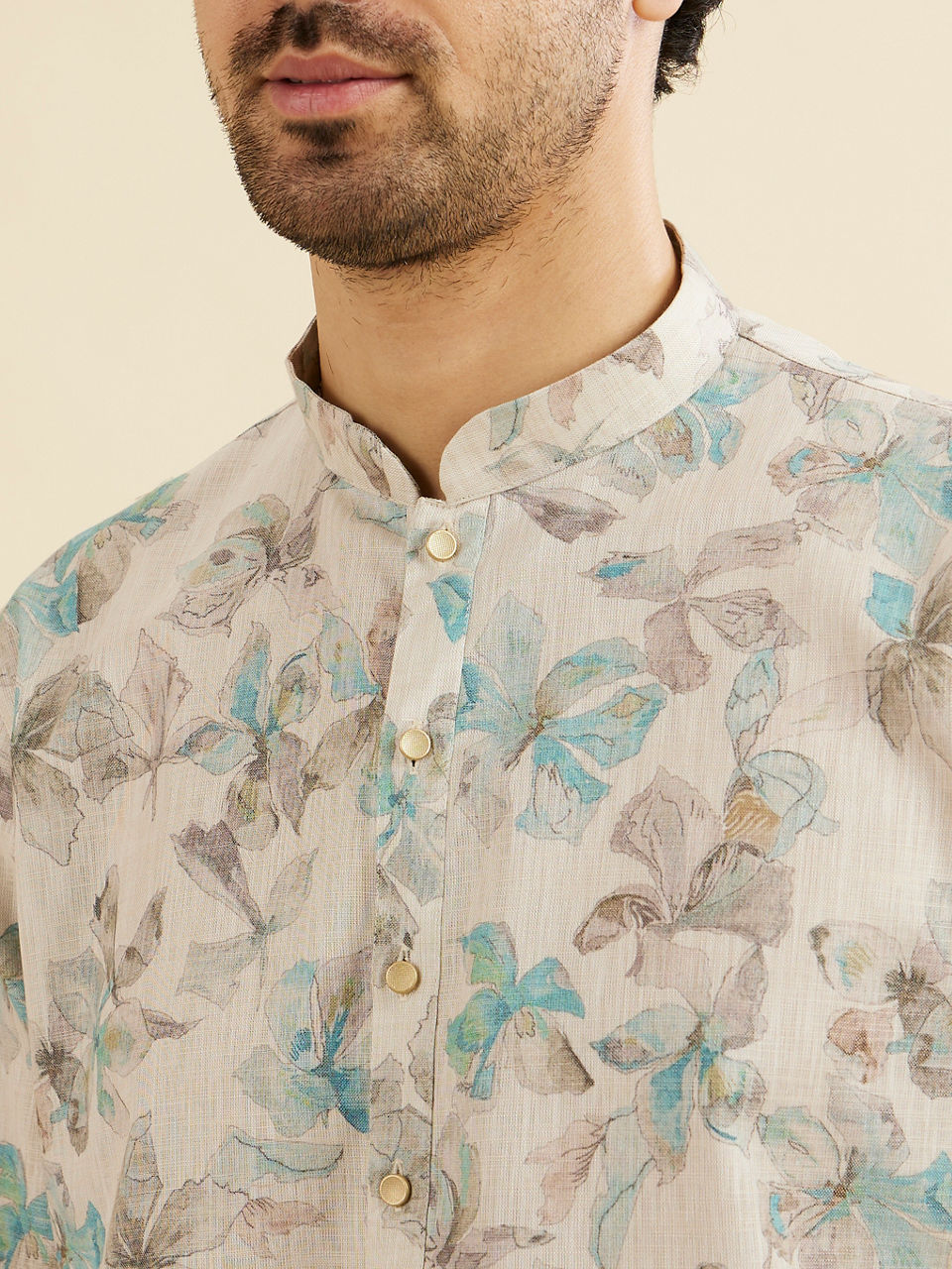 Manyavar Men Cream White Floral Printed Kurta