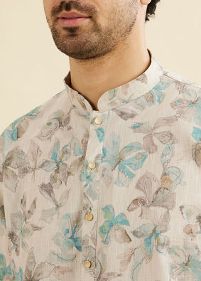 Manyavar Men Cream White Floral Printed Kurta