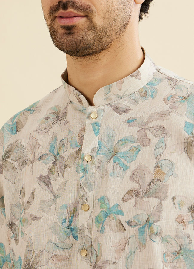 Manyavar Men Cream White Floral Printed Kurta