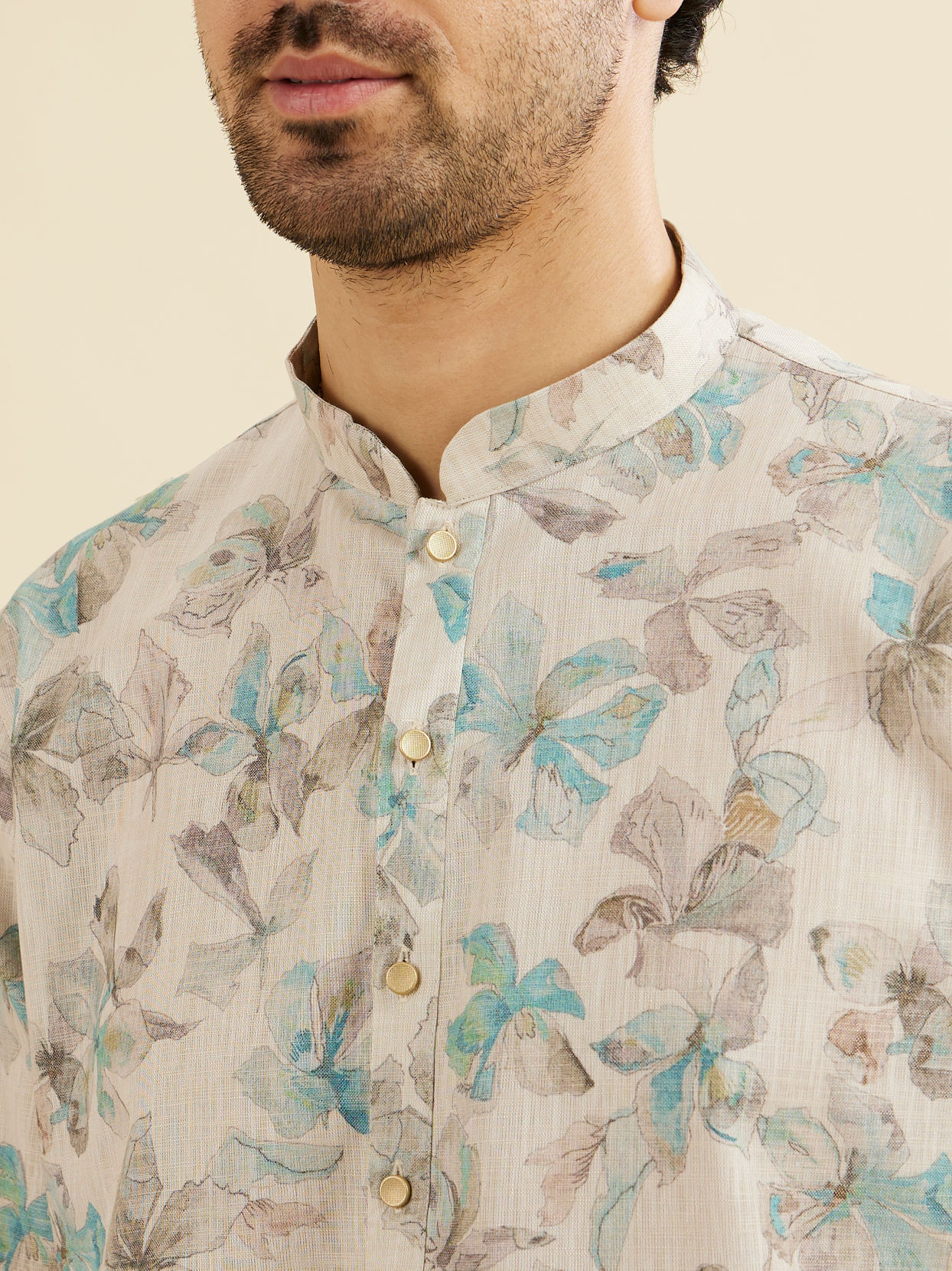 Manyavar Men Cream White Floral Printed Kurta