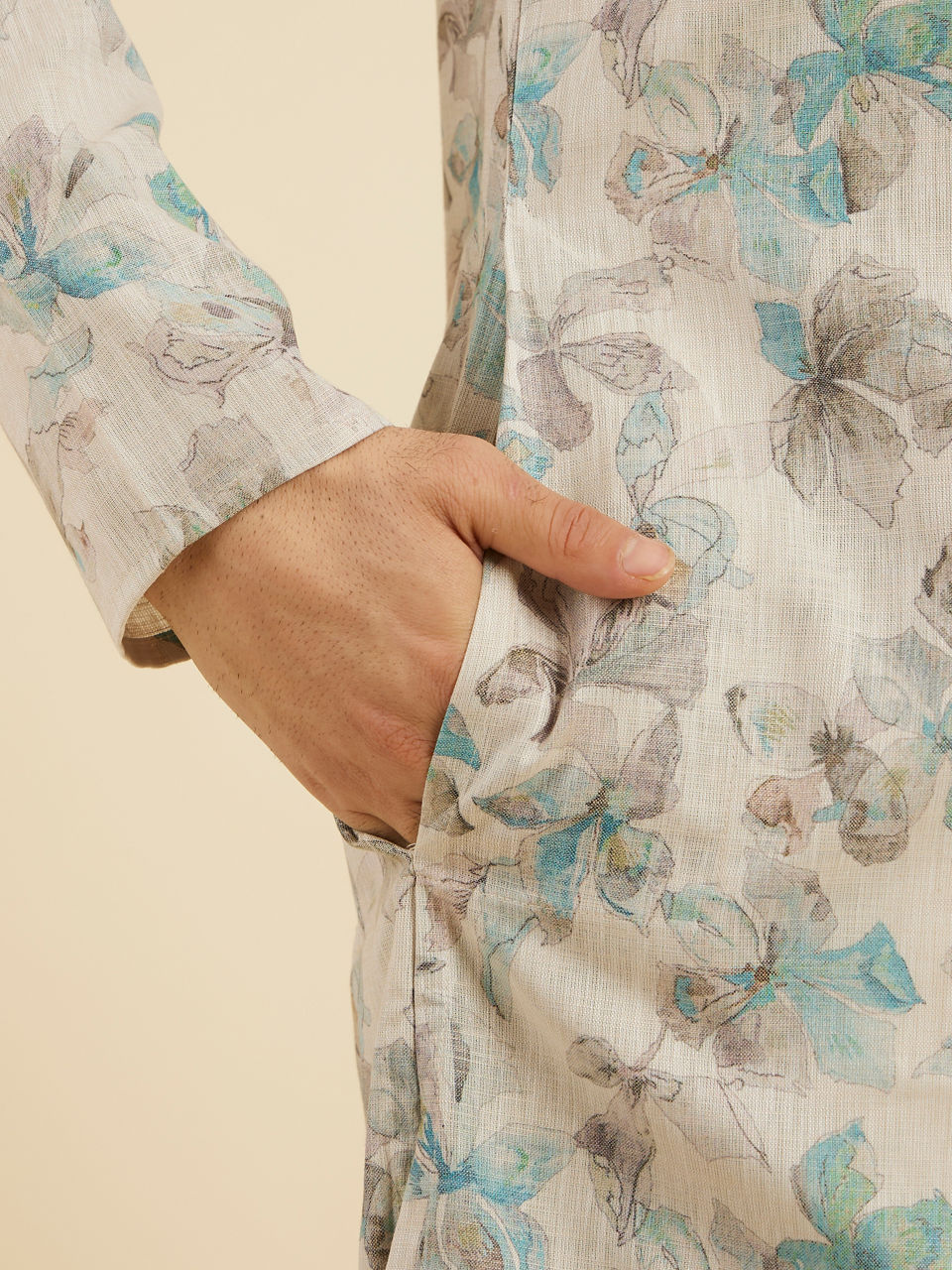 Manyavar Men Cream White Floral Printed Kurta