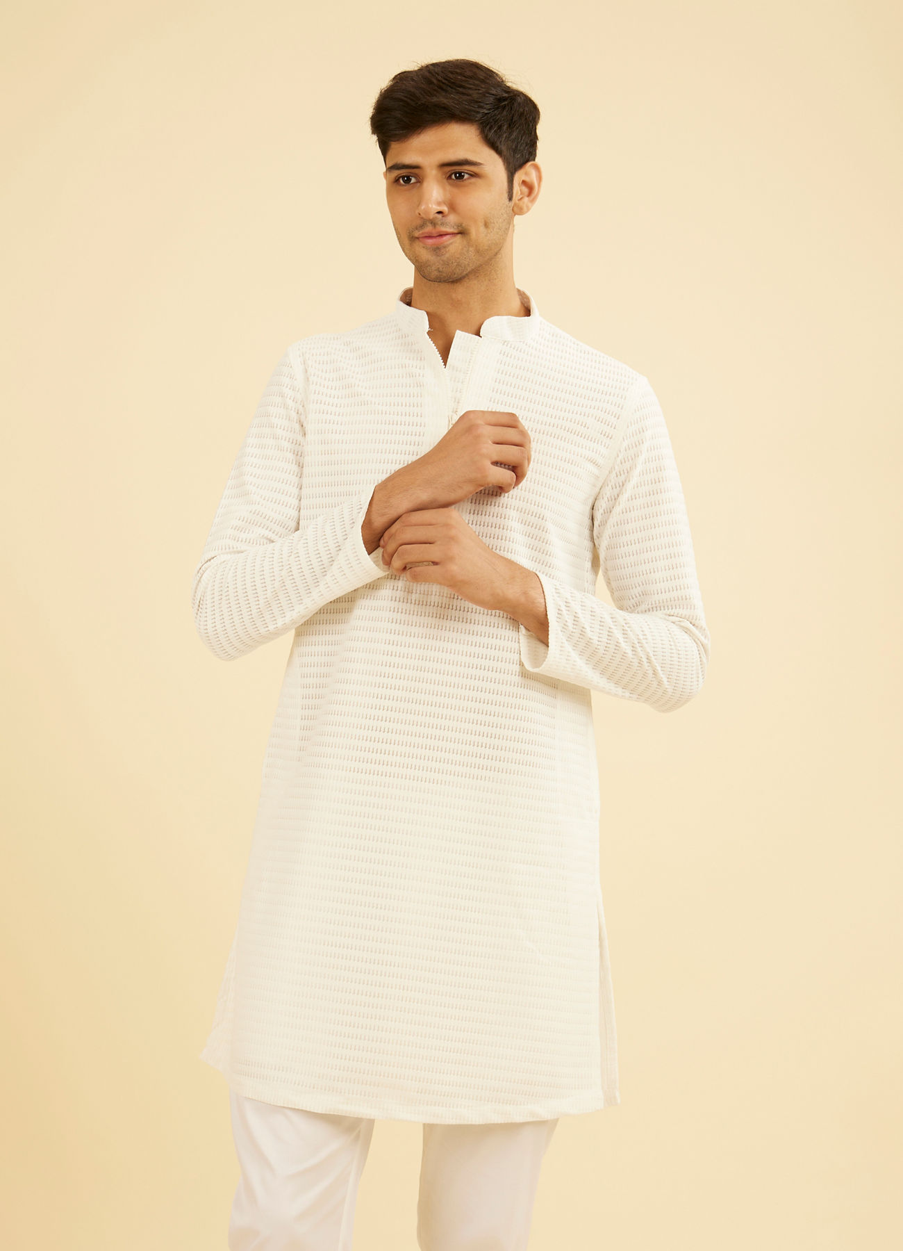 Manyavar Men Ethereal White Mid Length Kurta