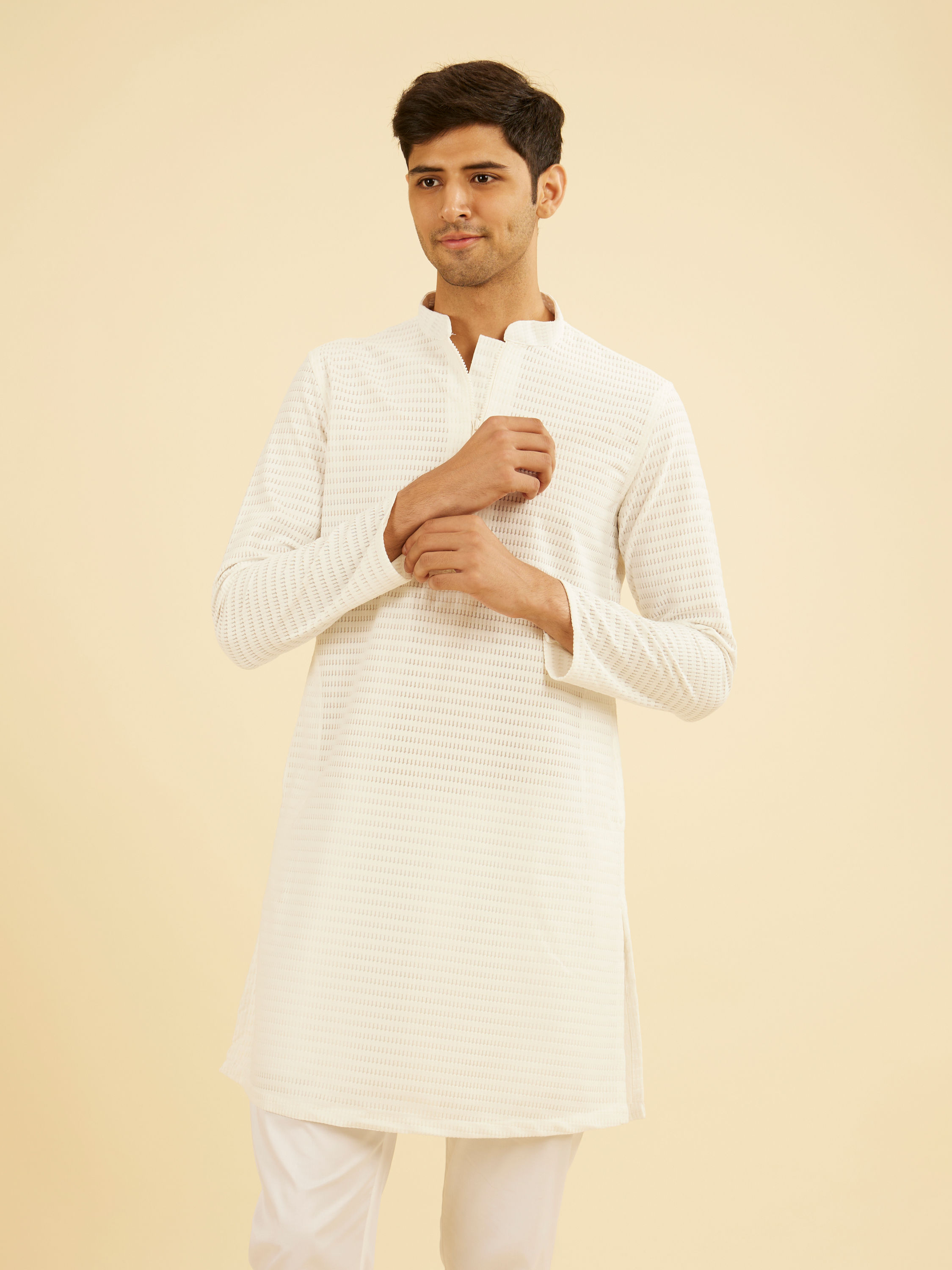 Manyavar Men Ethereal White Mid Length Kurta