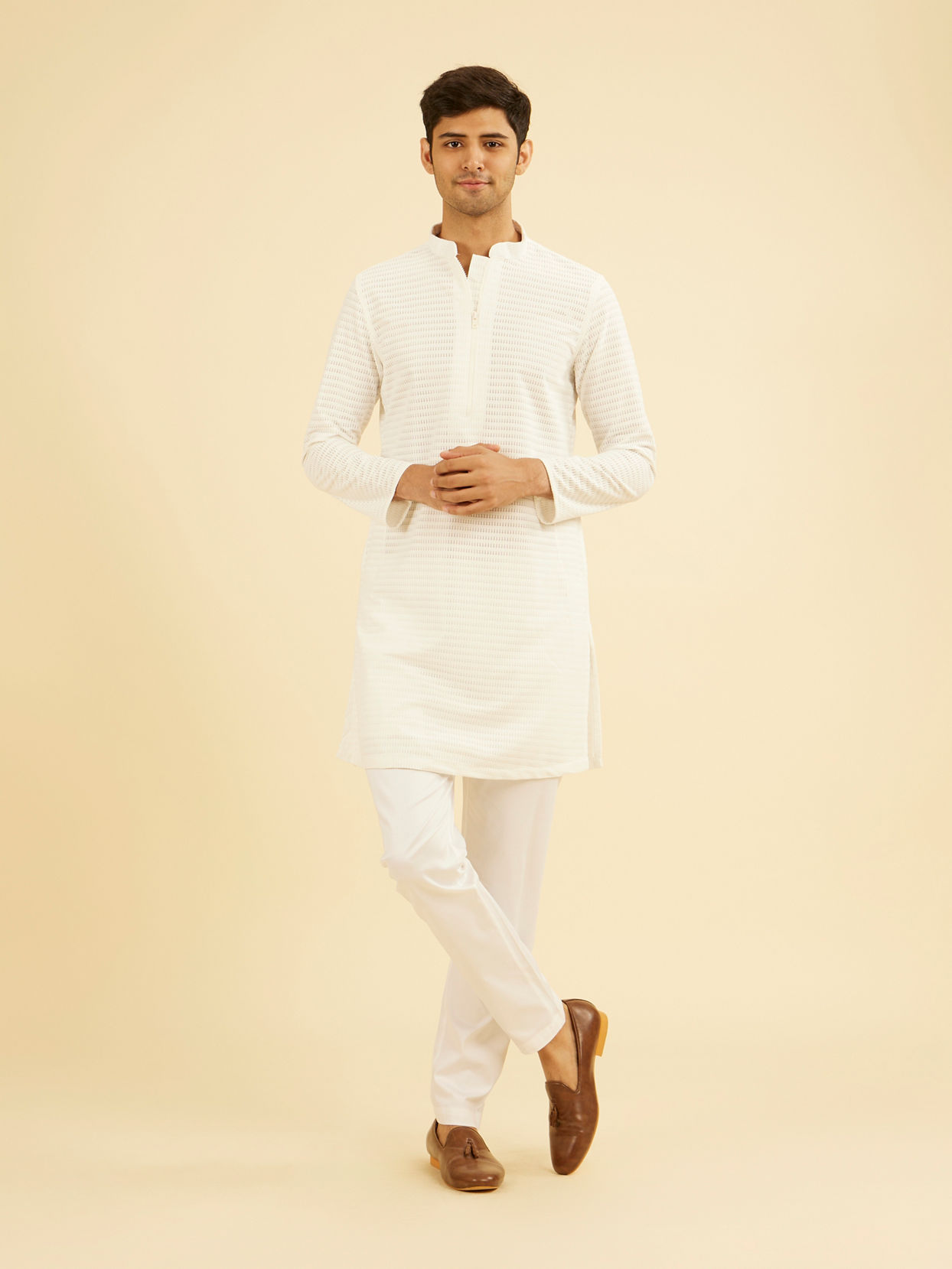 Manyavar Men Ethereal White Mid Length Kurta