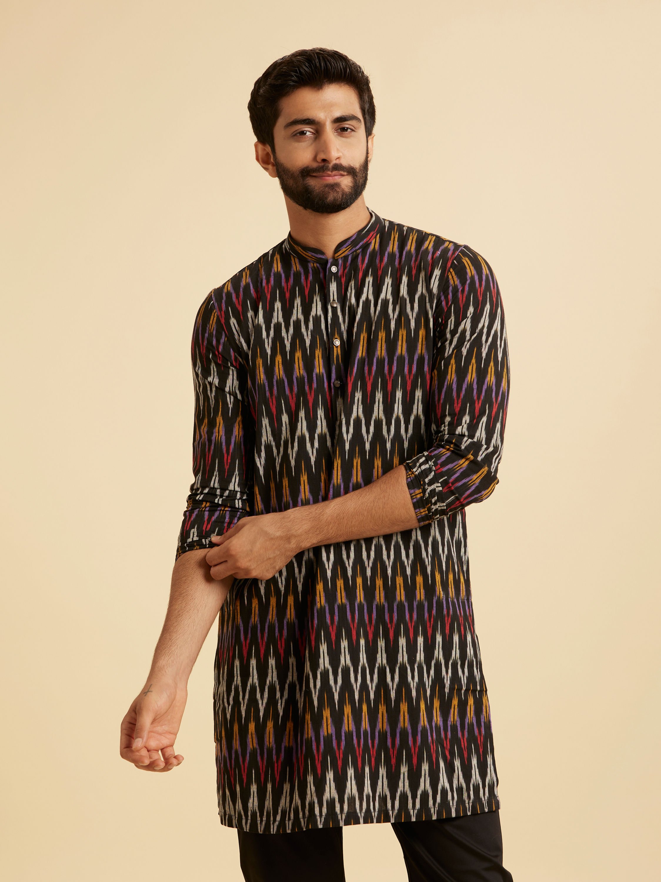 Manyavar Men Black Elegance Mid Length Kurta
