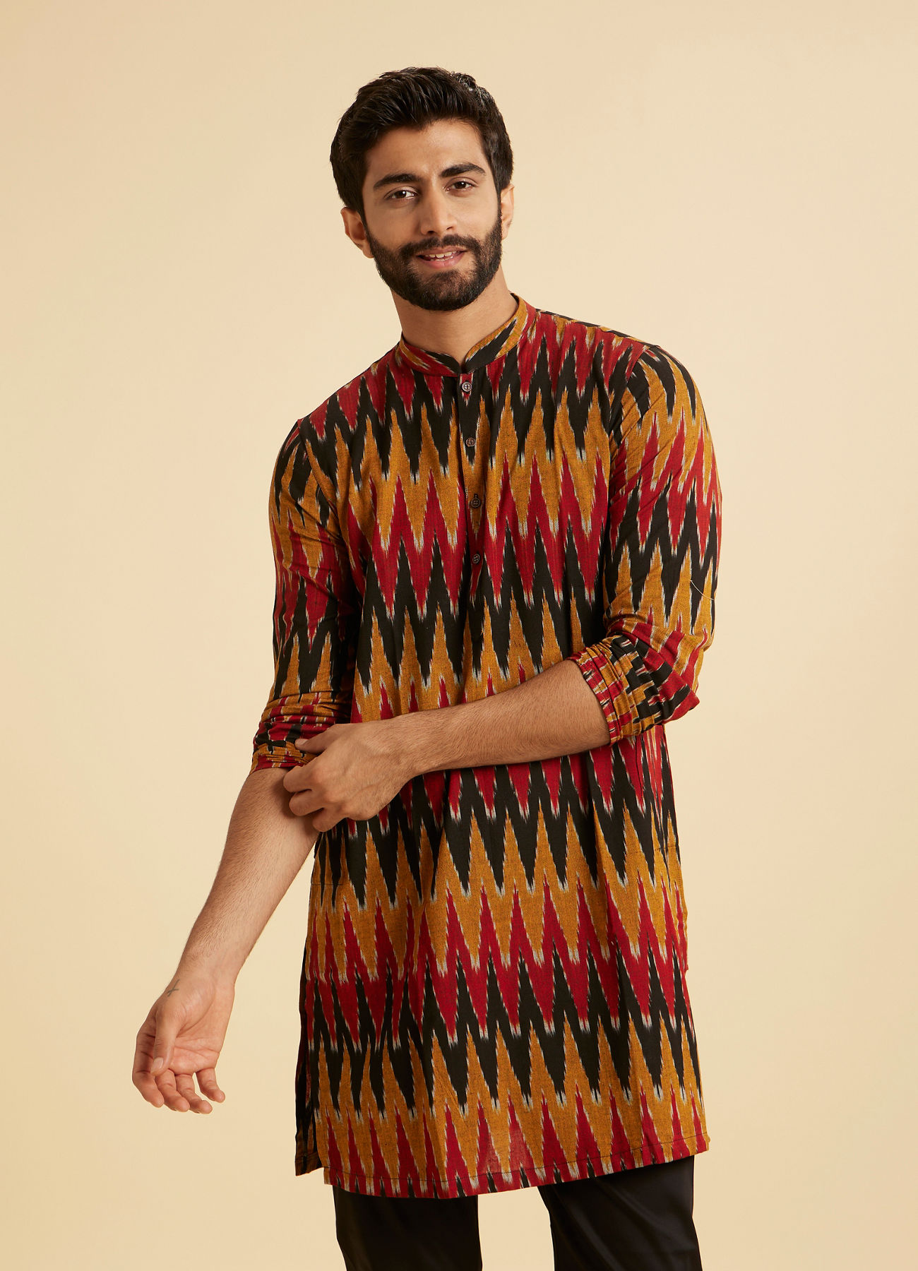 Manyavar Men Mustard Red Mid Length Kurta
