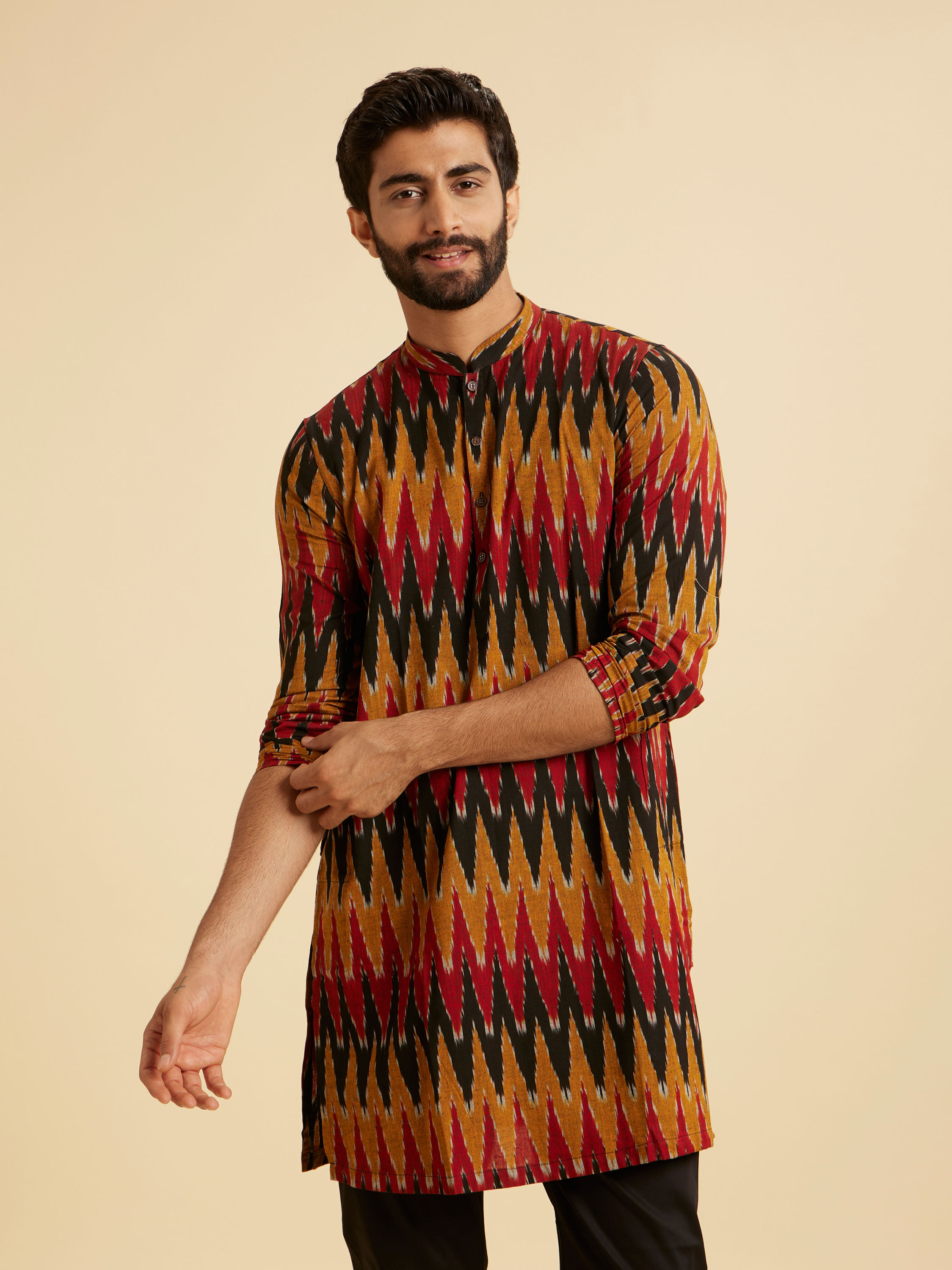 Manyavar Men Mustard Red Mid Length Kurta