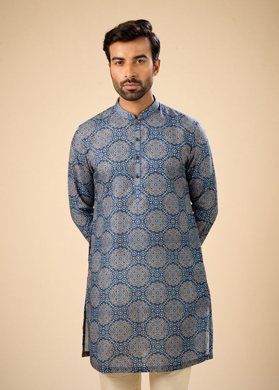 Manyavar Men Regal Blue Mid Length Kurta