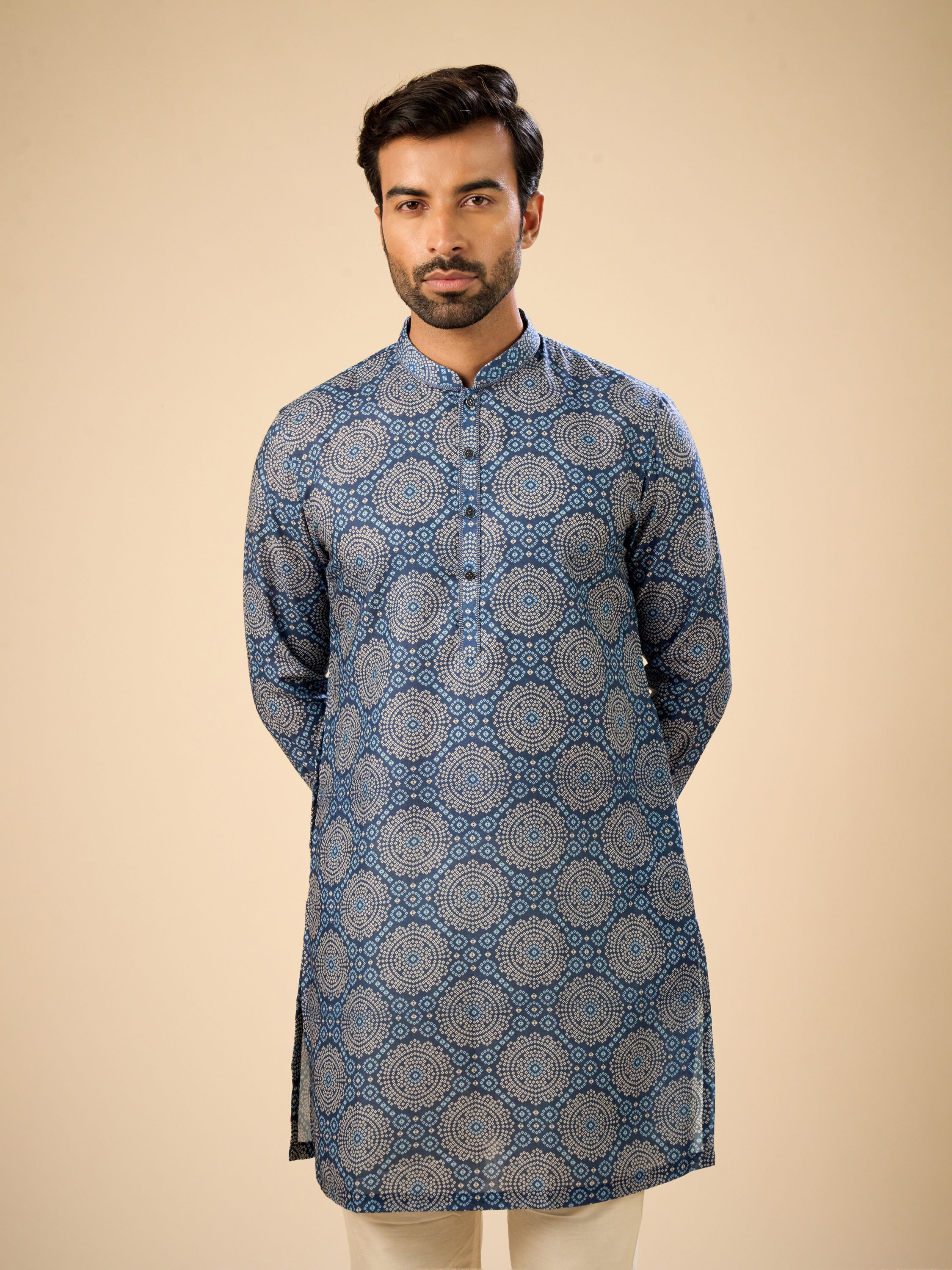 Manyavar Men Regal Blue Mid Length Kurta