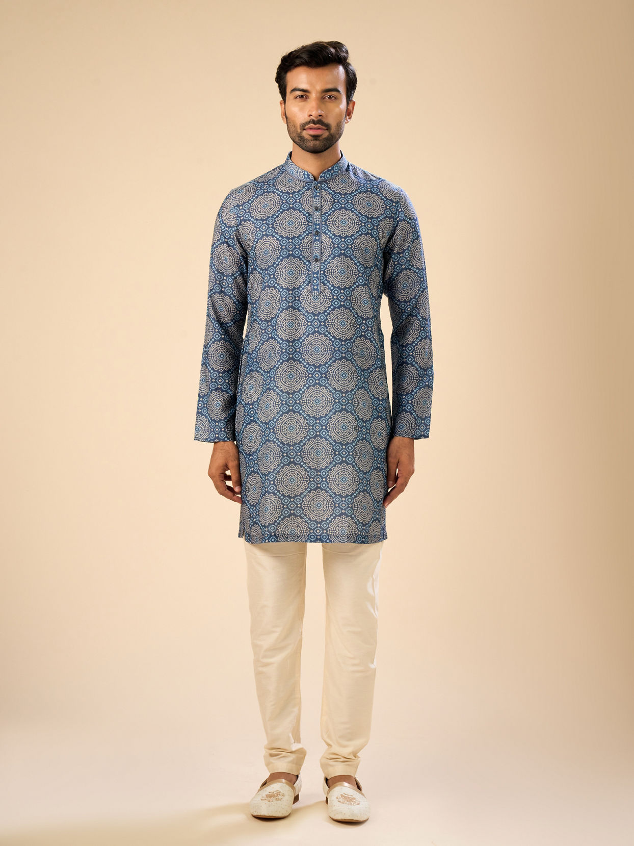 Manyavar Men Regal Blue Mid Length Kurta