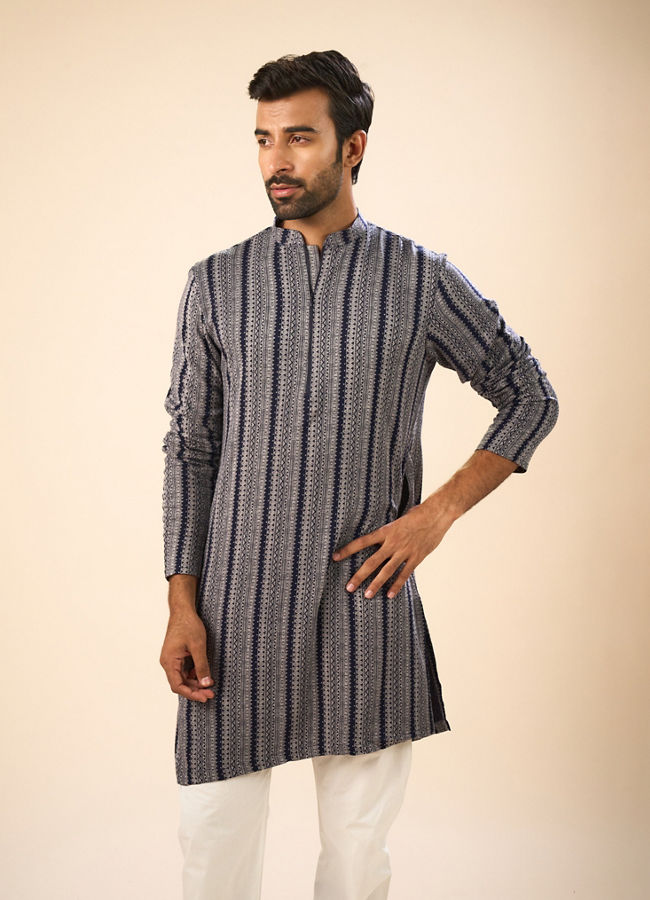 Manyavar Men Sparkling Dark Blue Mid Length Kurta
