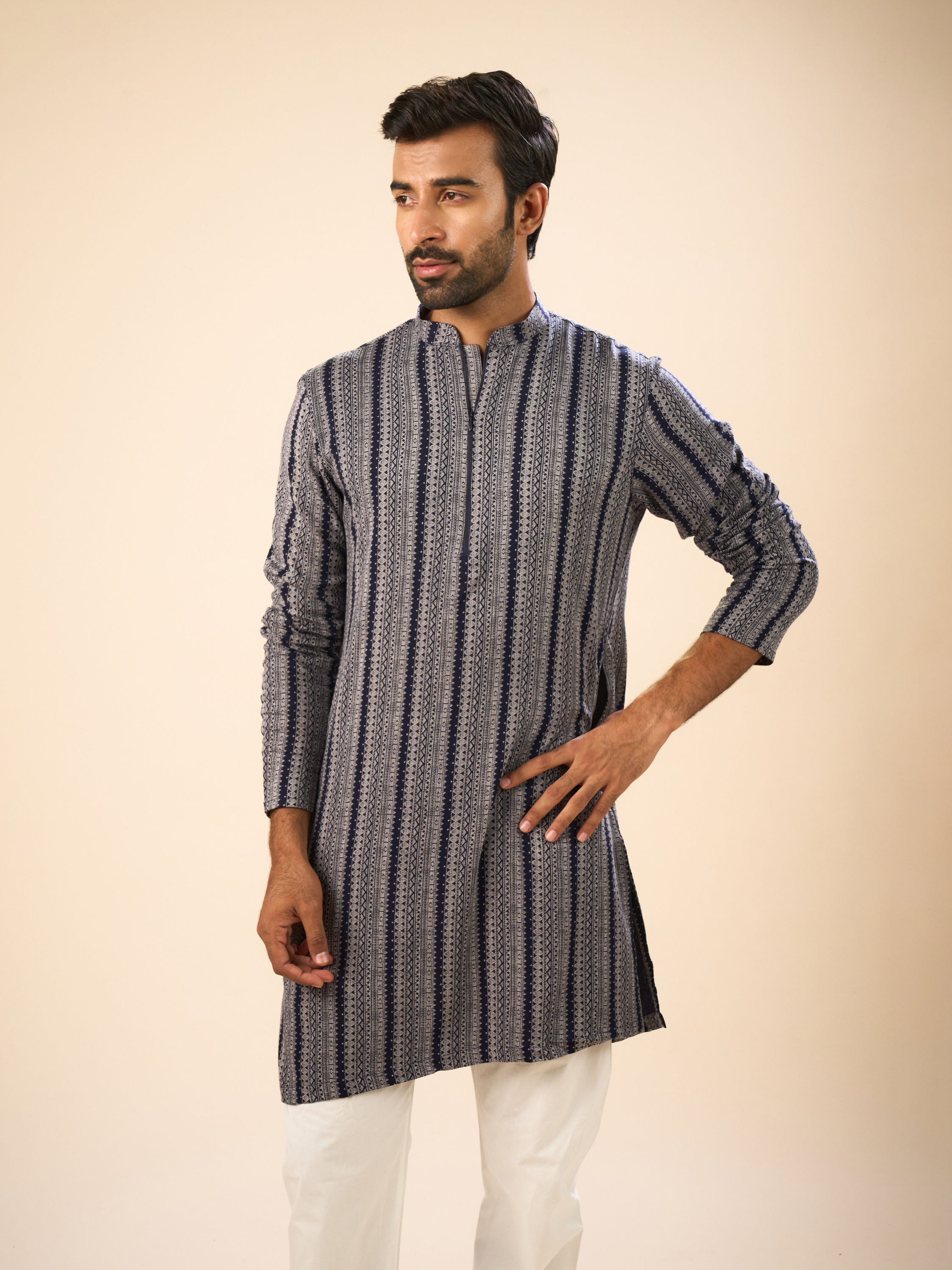 Manyavar Men Sparkling Dark Blue Mid Length Kurta