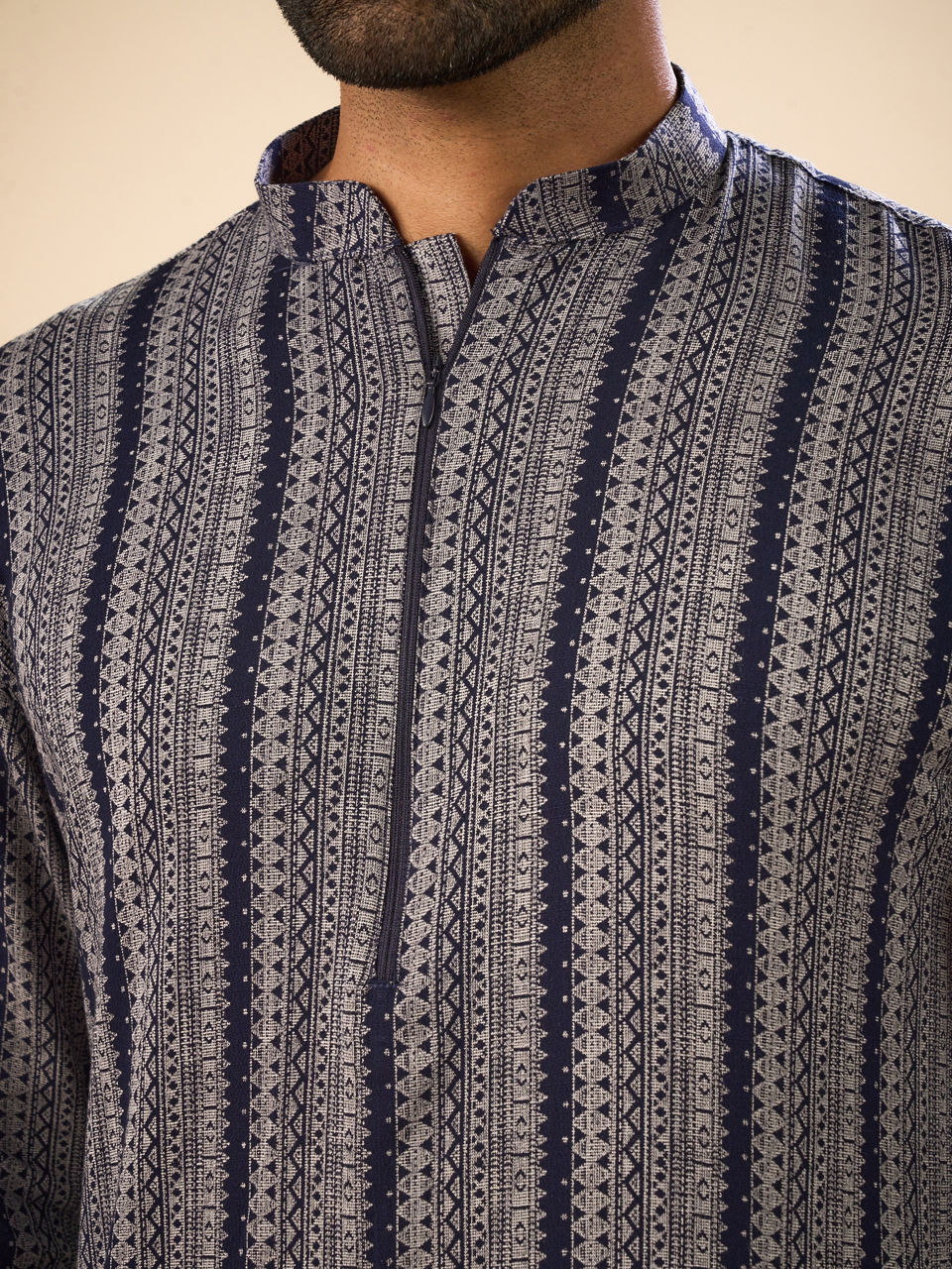 Manyavar Men Sparkling Dark Blue Mid Length Kurta