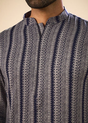 Manyavar Men Sparkling Dark Blue Mid Length Kurta