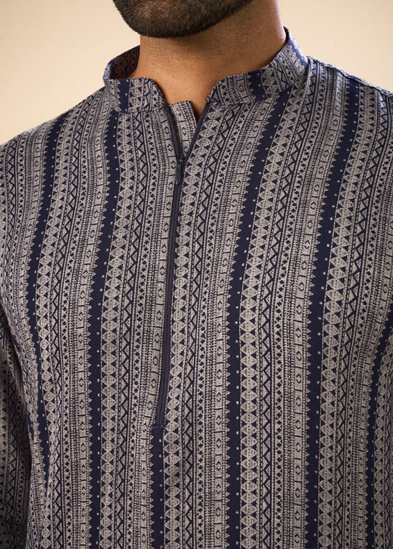 Manyavar Men Sparkling Dark Blue Mid Length Kurta