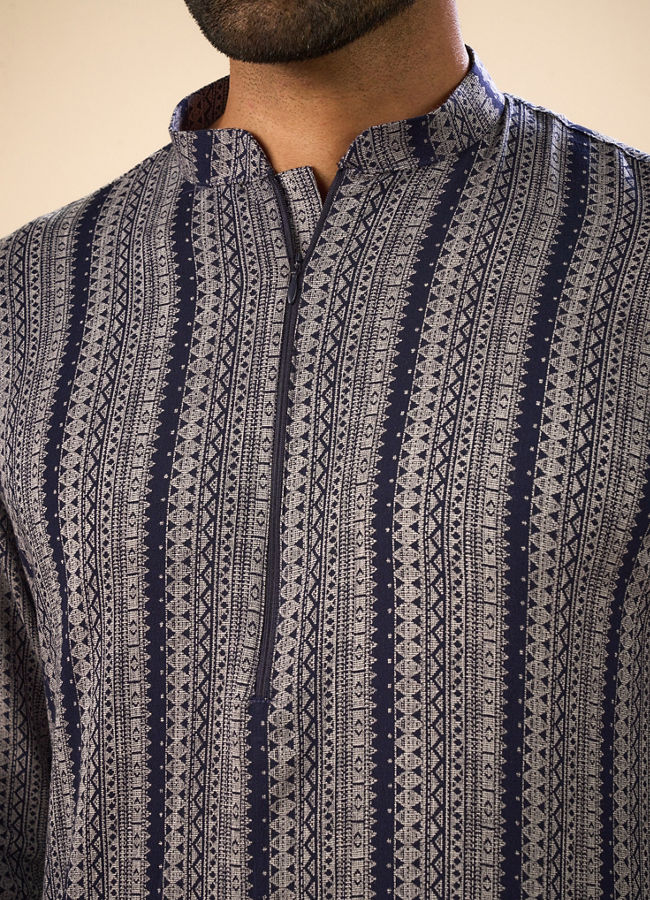 Manyavar Men Sparkling Dark Blue Mid Length Kurta