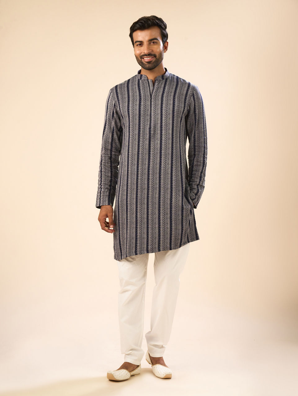 Manyavar Men Sparkling Dark Blue Mid Length Kurta