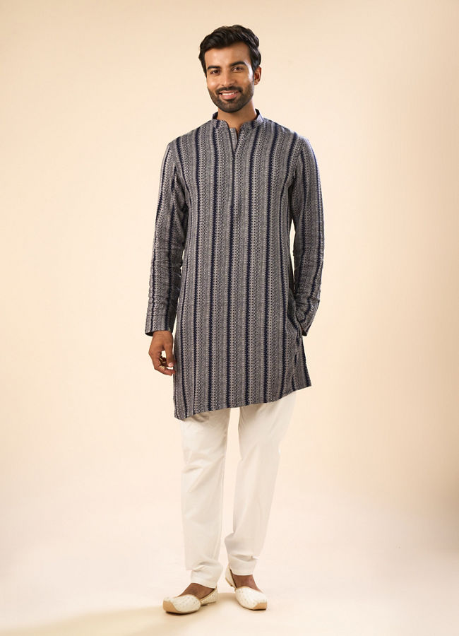Manyavar Men Sparkling Dark Blue Mid Length Kurta