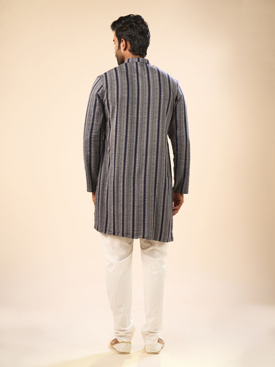 Manyavar Men Sparkling Dark Blue Mid Length Kurta