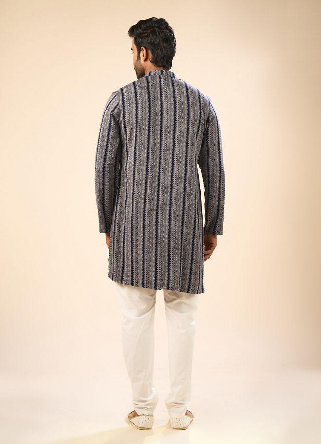 Manyavar Men Sparkling Dark Blue Mid Length Kurta