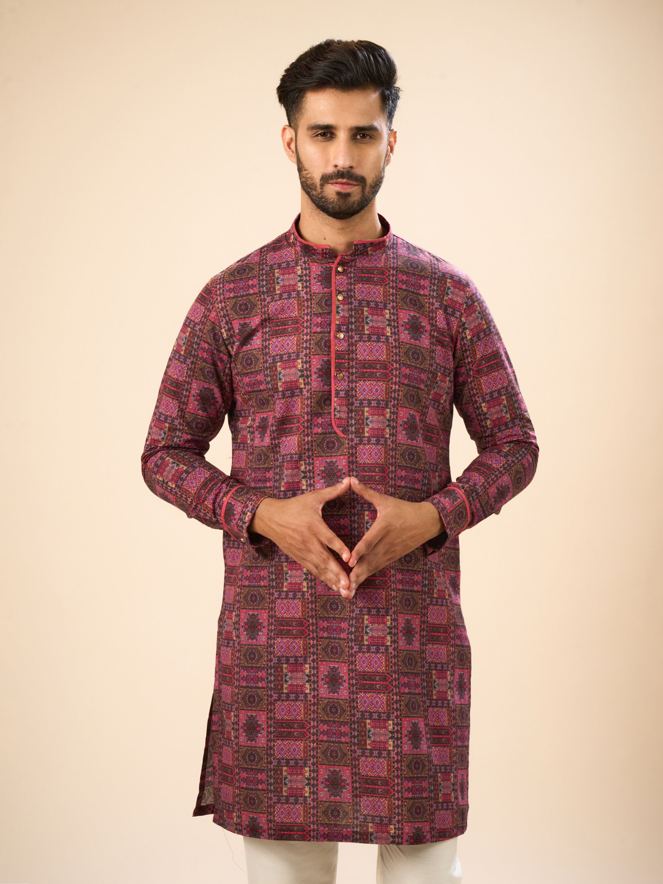 Manyavar Men Glowing Pink Cotton Elegance Kurta