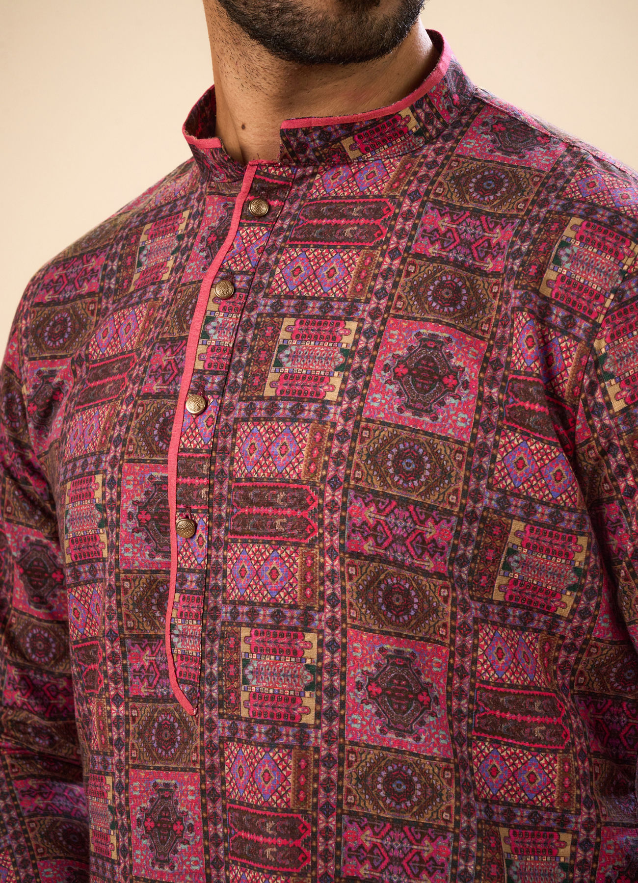 Manyavar Men Glowing Pink Cotton Elegance Kurta