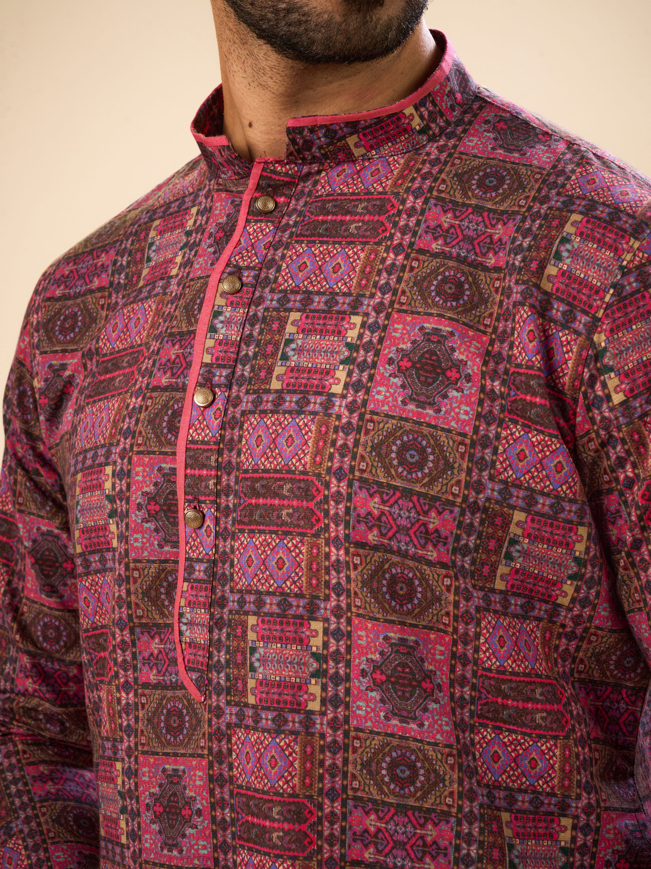 Manyavar Men Glowing Pink Cotton Elegance Kurta