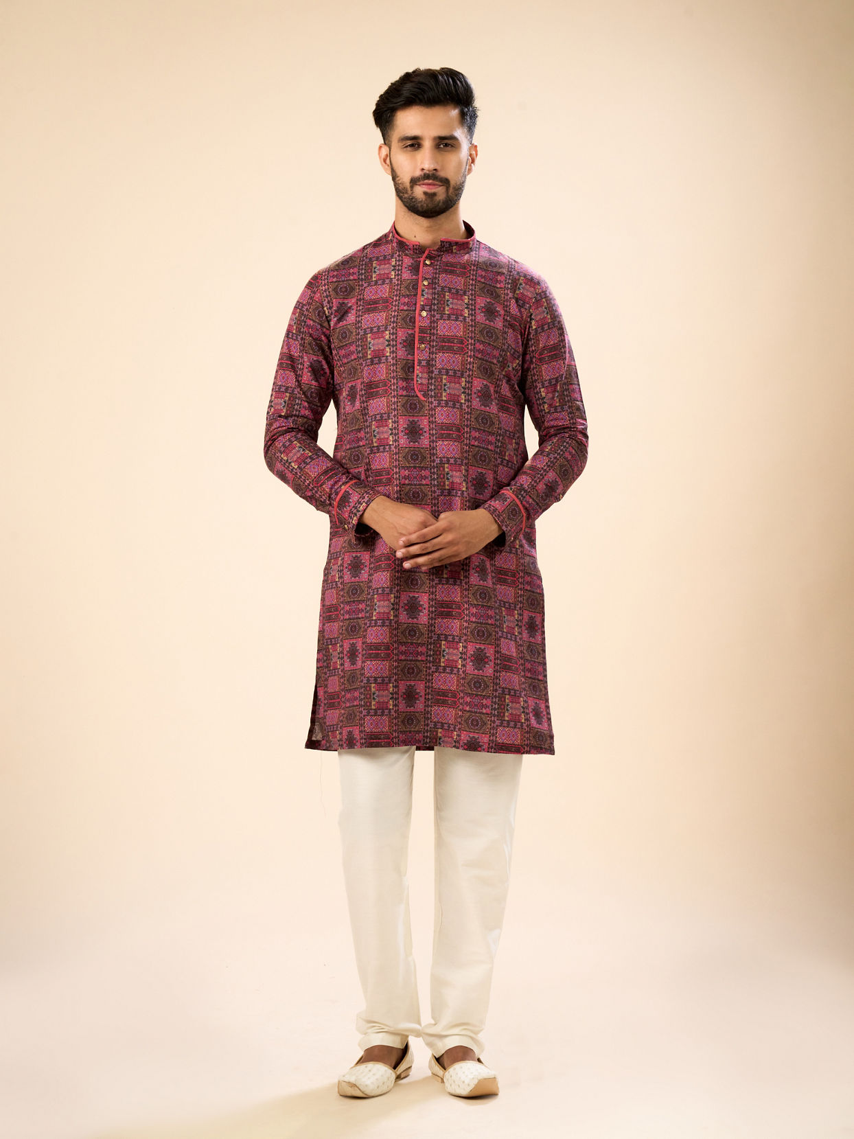 Manyavar Men Glowing Pink Cotton Elegance Kurta
