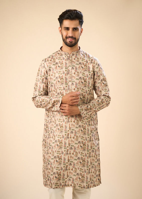 Manyavar Men Beige Cotton Splendor Kurta