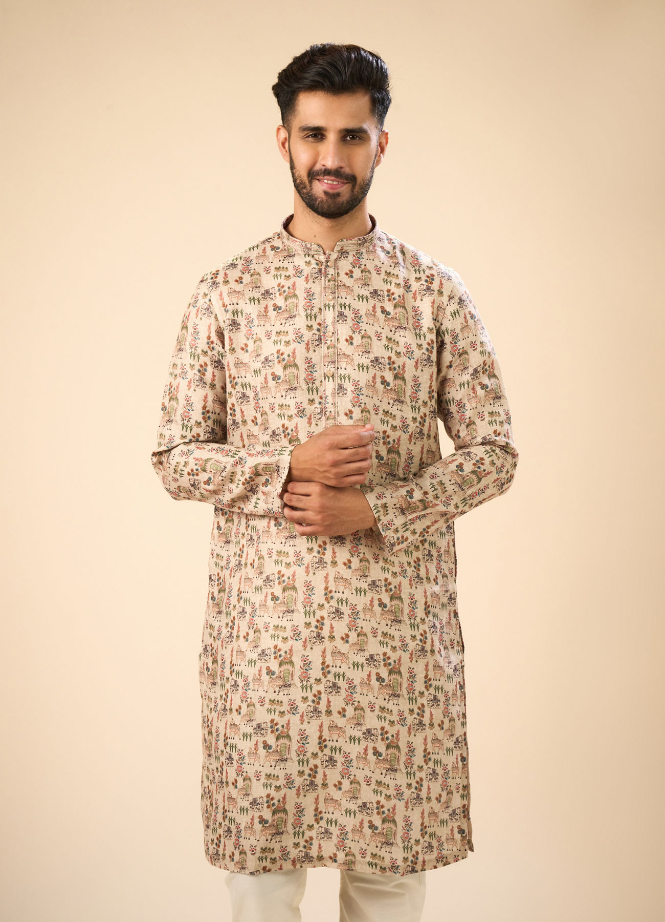 Manyavar Men Beige Cotton Splendor Kurta