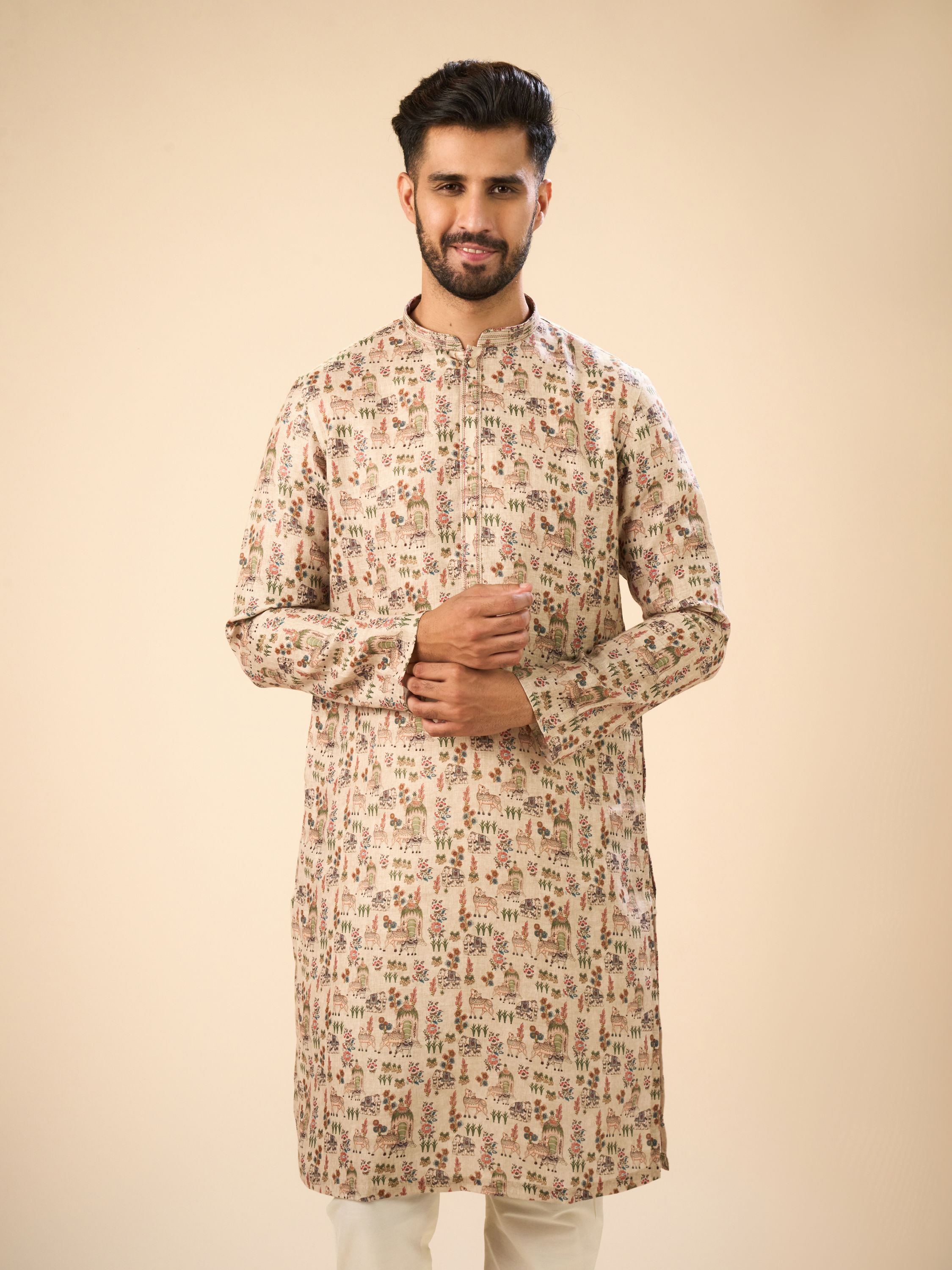 Manyavar Men Beige Cotton Splendor Kurta
