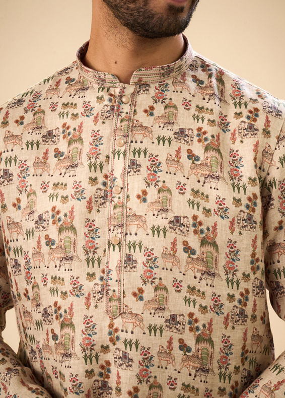 Manyavar Men Beige Cotton Splendor Kurta