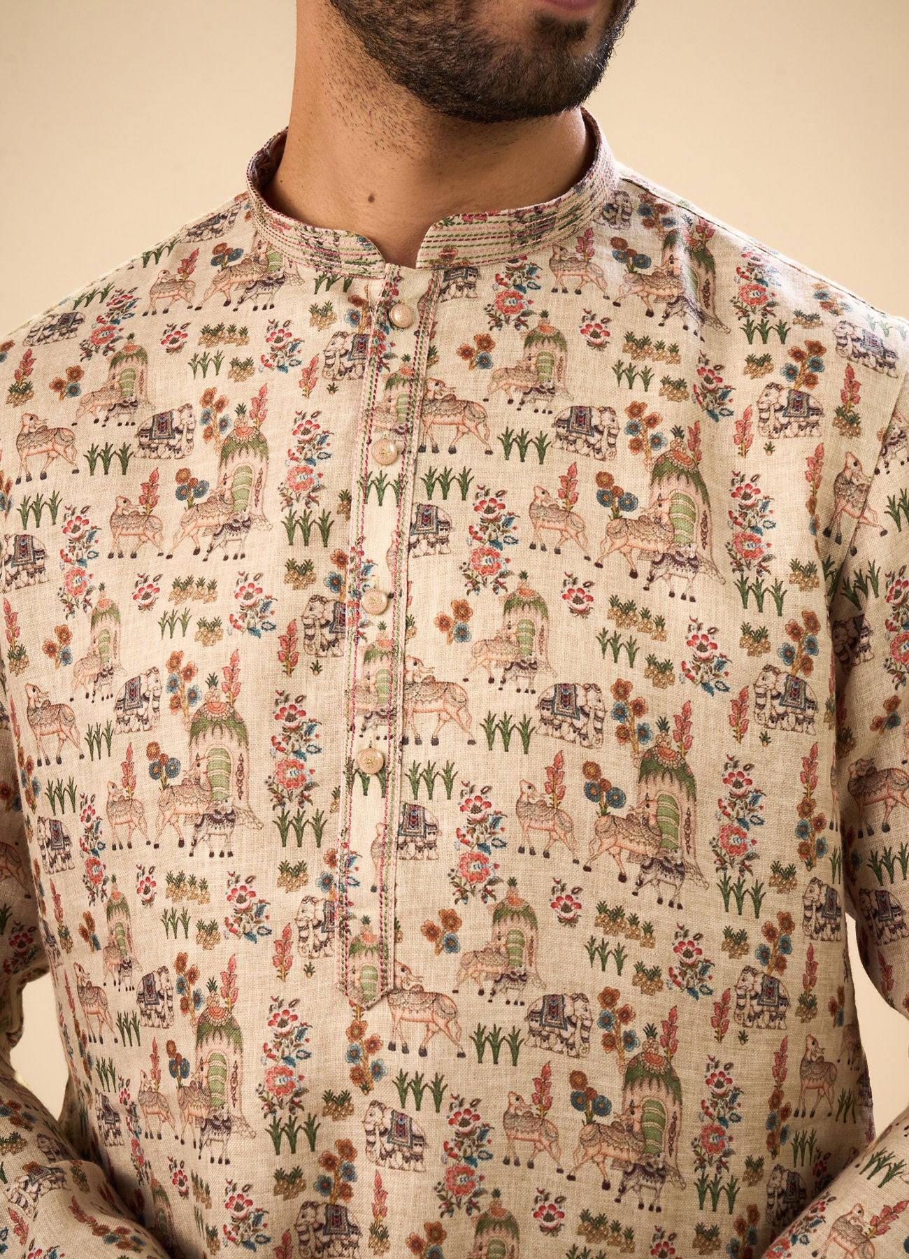 Manyavar Men Beige Cotton Splendor Kurta