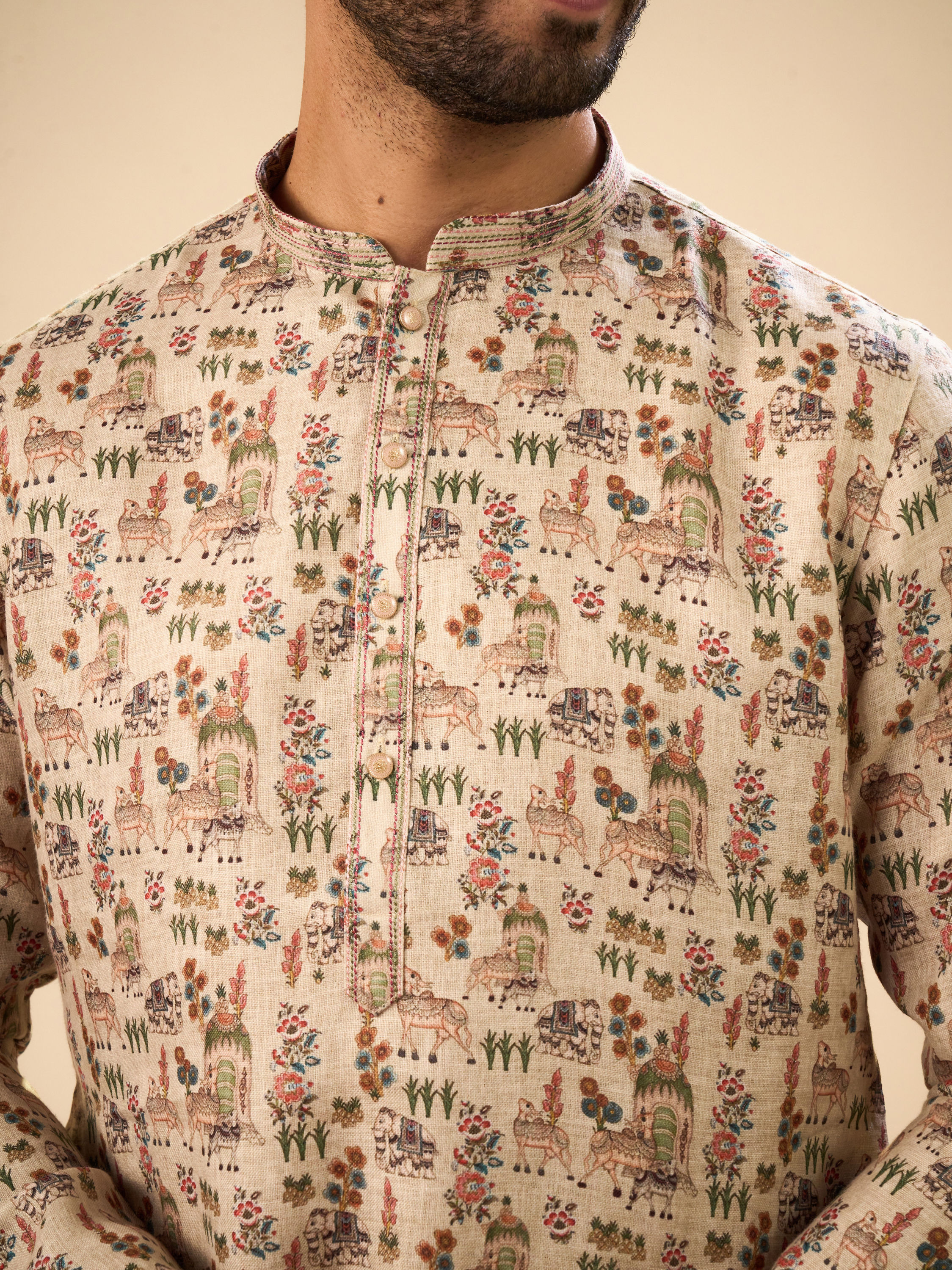 Manyavar Men Beige Cotton Splendor Kurta