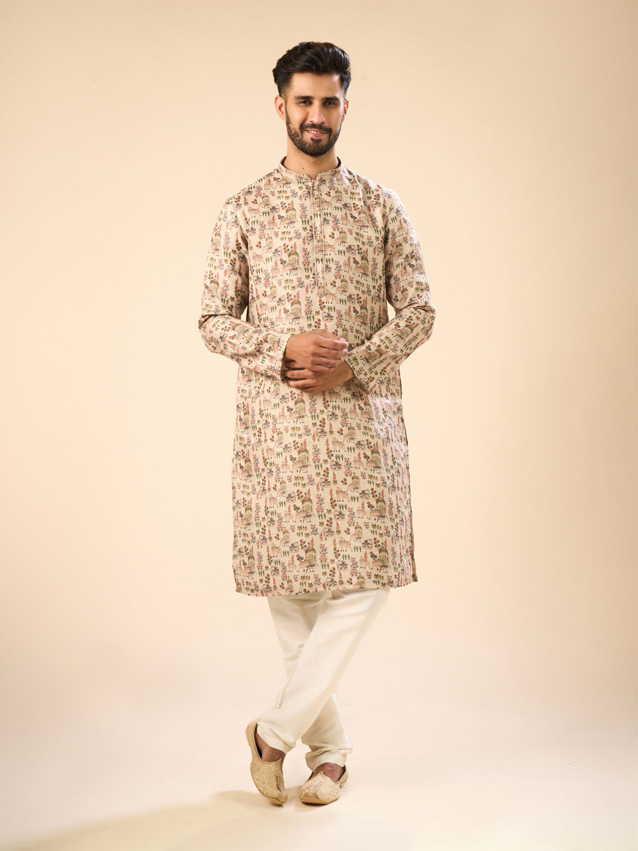 Manyavar Men Beige Cotton Splendor Kurta